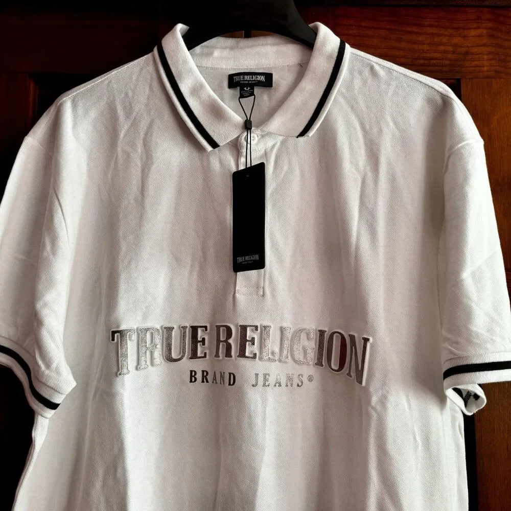 True Religion Shirt Polo Men’s Size 2XL White Black Silver Raised Lettering NEW